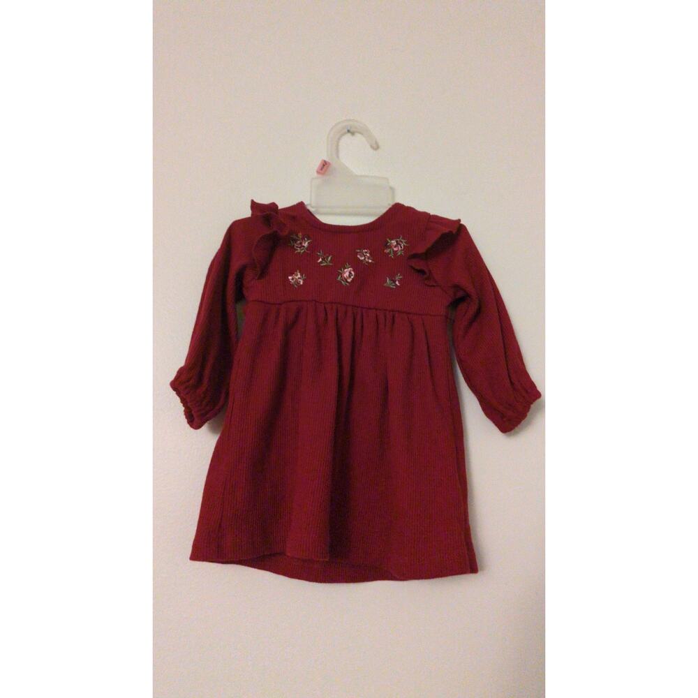 Laura Ashley Red Ribbed Floral Holiday Christmas Dress with Bow Headband, 3/6M